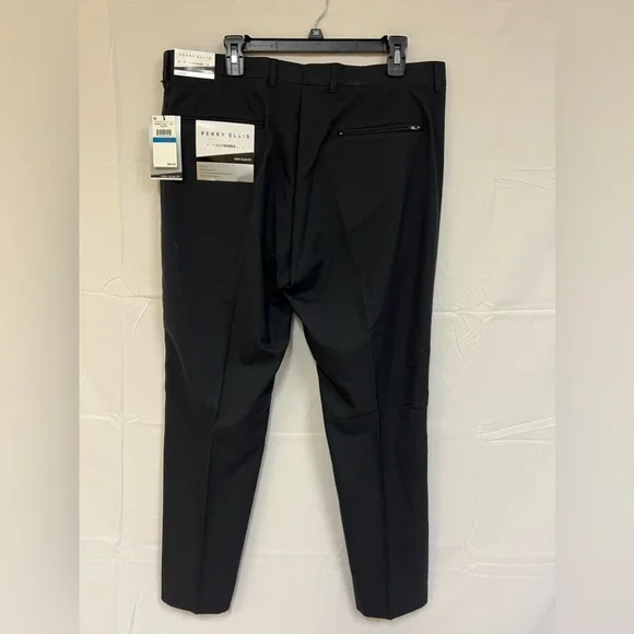 slim fit tech portfolio dress pant Perry Ellis Portfolio Men's Slim Fit Solid Flat Front Pants in Black, Size 34, 100% Polyester main image 0
